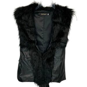 WENXI | Black Faux Leather with Faux Fur Collar Tie Back Vest | Women's Medium